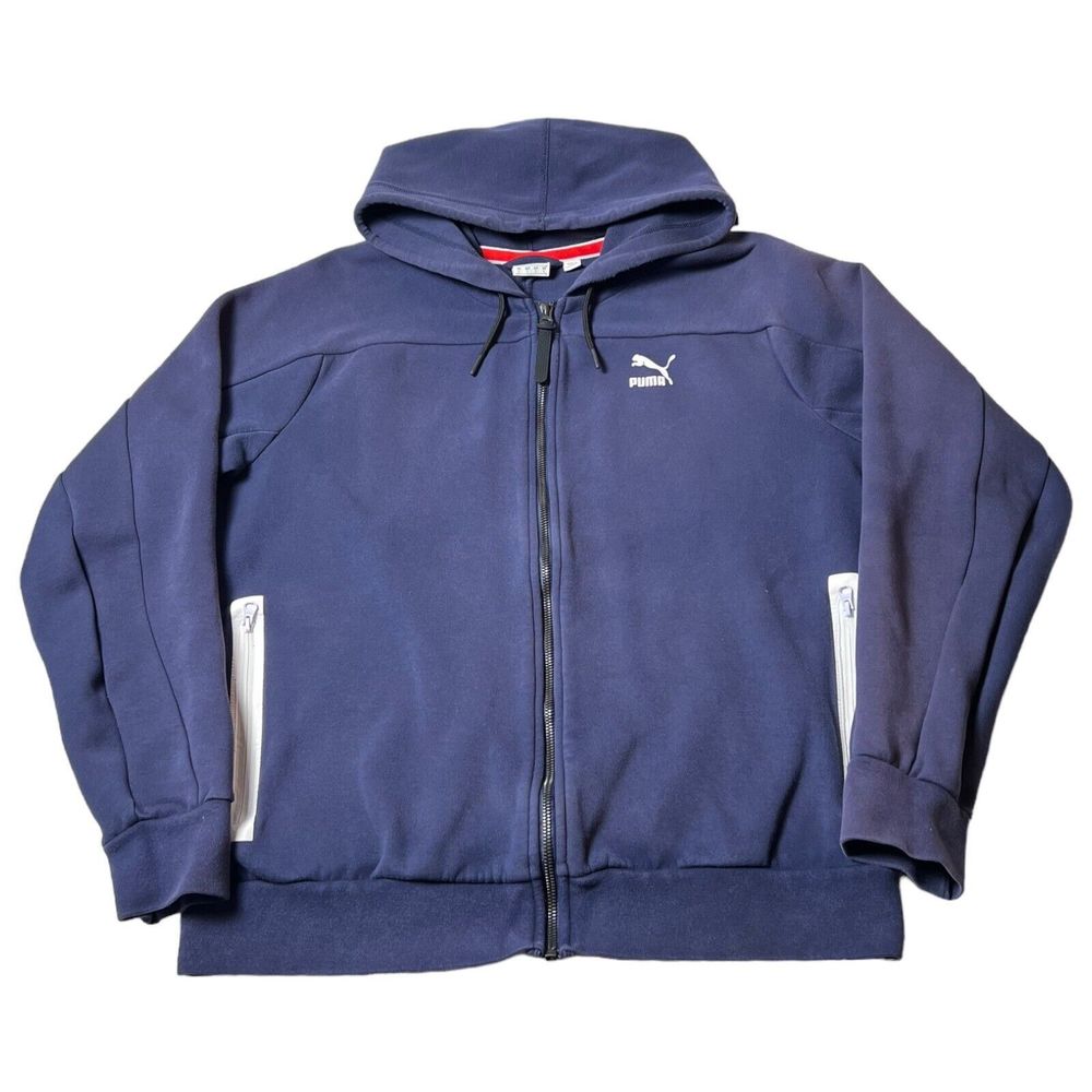 Vintage 90’s Puma Blue Full Zip Hooded Jacket White Zip Pockets Men’s Size L